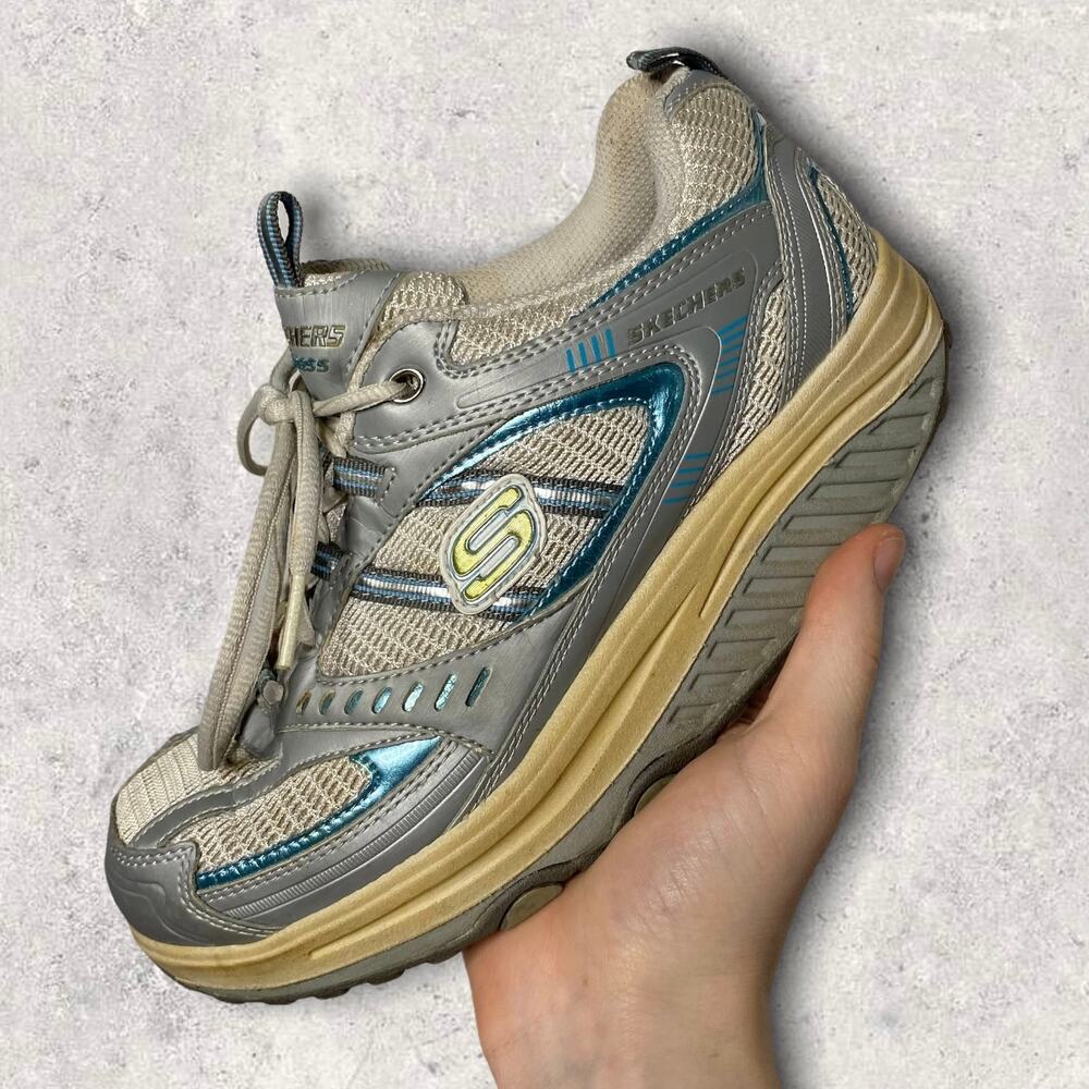 Vintage Y2K Skechers Shape up Walking Shoes Womens 7 Grey Metallic Blue